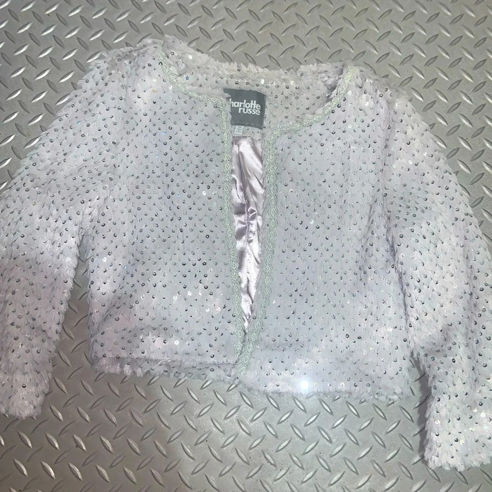 Charlotte Russe fur grey sequin jacket y2k boho classic evening party summer - Picture 2 of 3